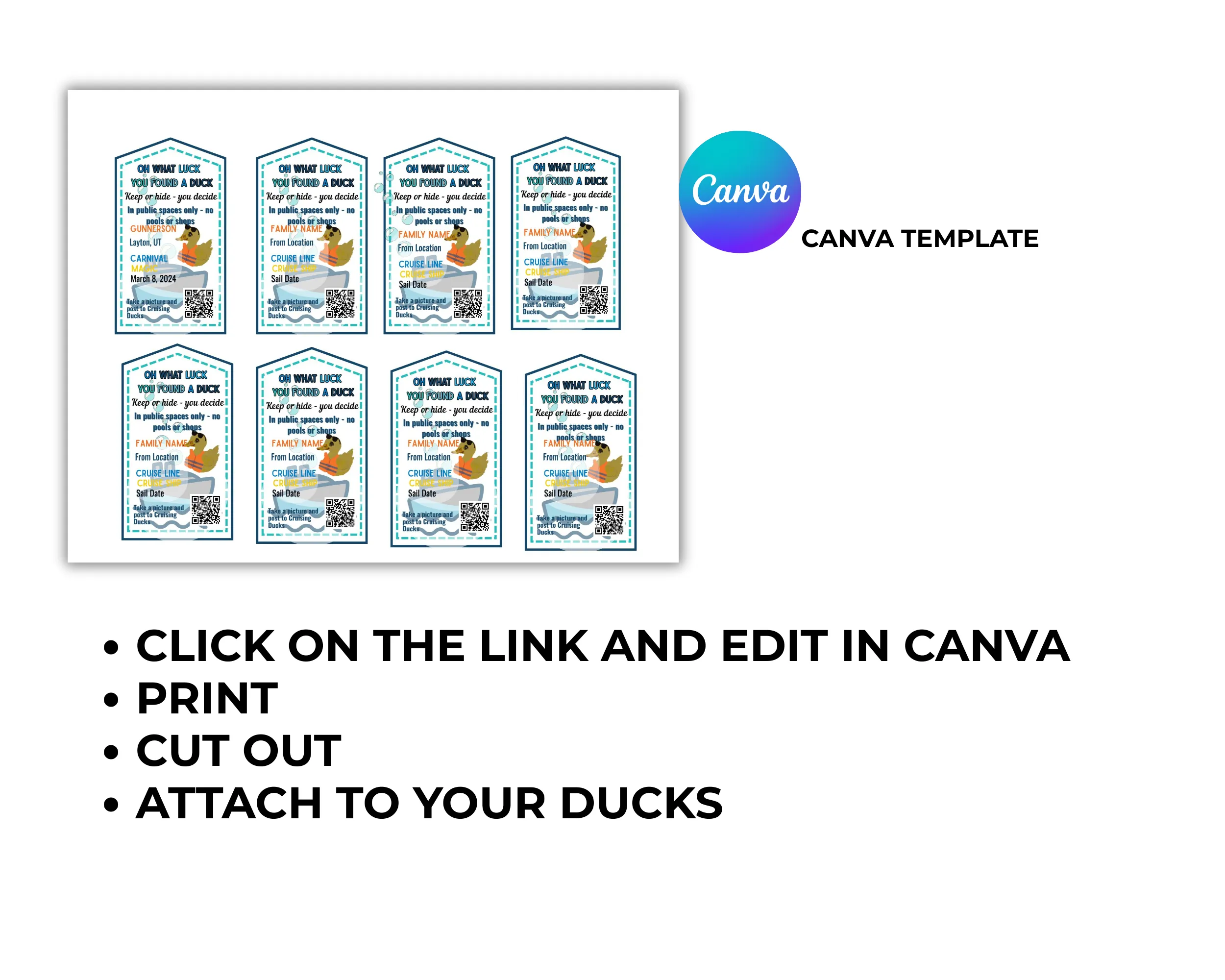 You found a Duck Cruising Ducks Tag Editable template, Canva Cruise Ship Rubber Duck Tags Printable Instant Download,#cruisingducks Canva