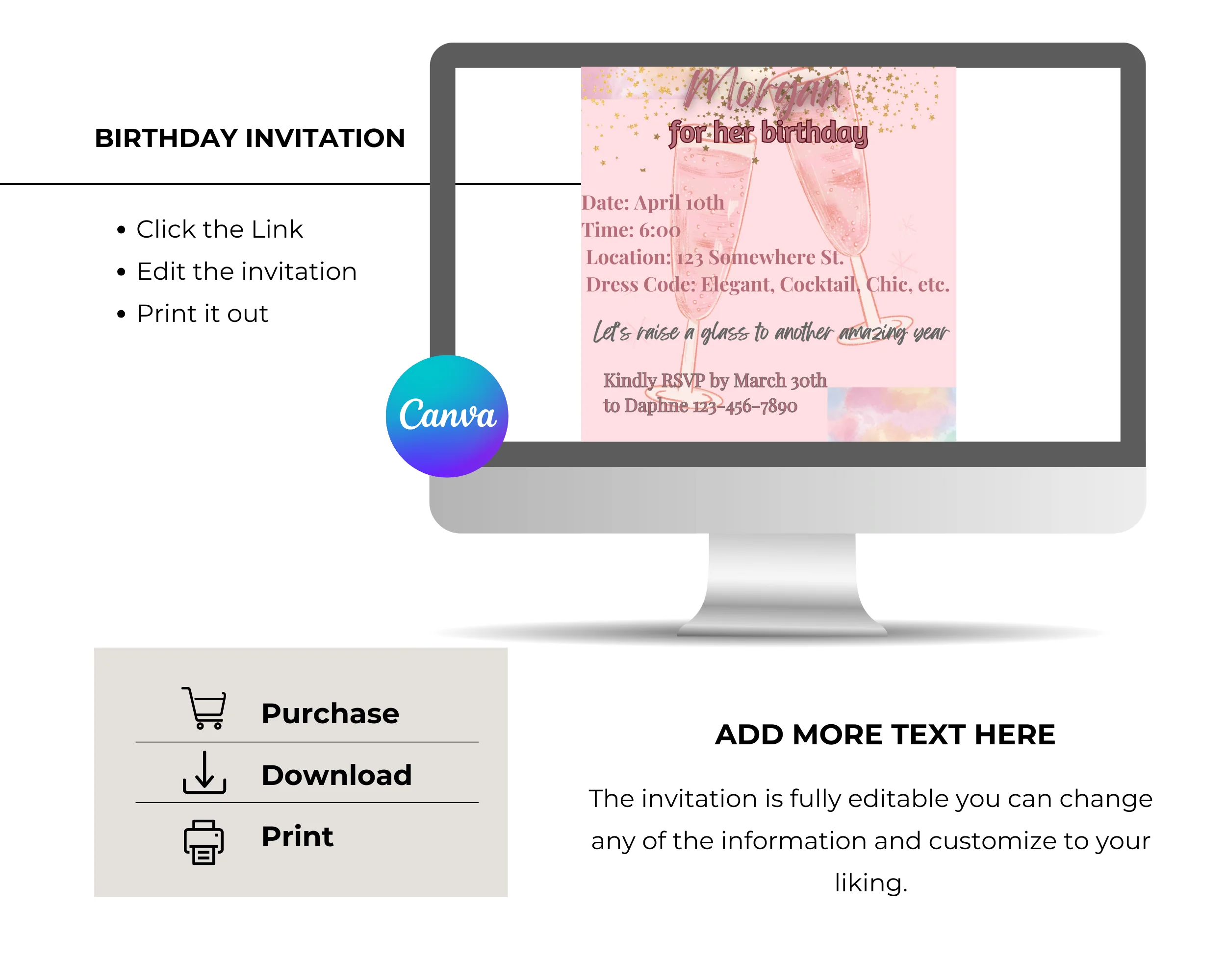 Editable Rose gold water color adult Birthday Invitation, Evite Editable Printable and Digital - Image 3