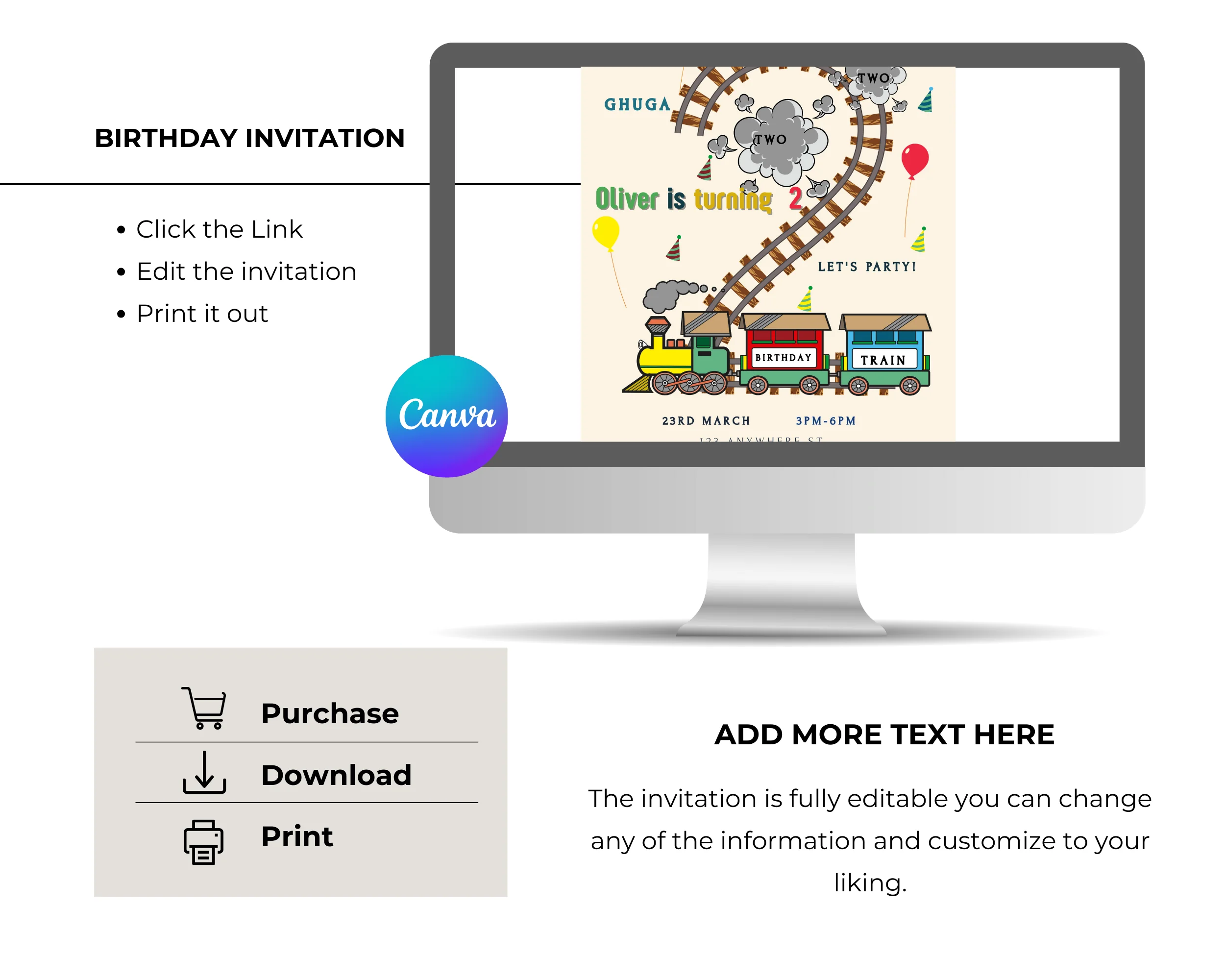 Train Birthday Party Invitation kid birthday editable and Digital invitation Chuga Chuga Two Two - Image 4