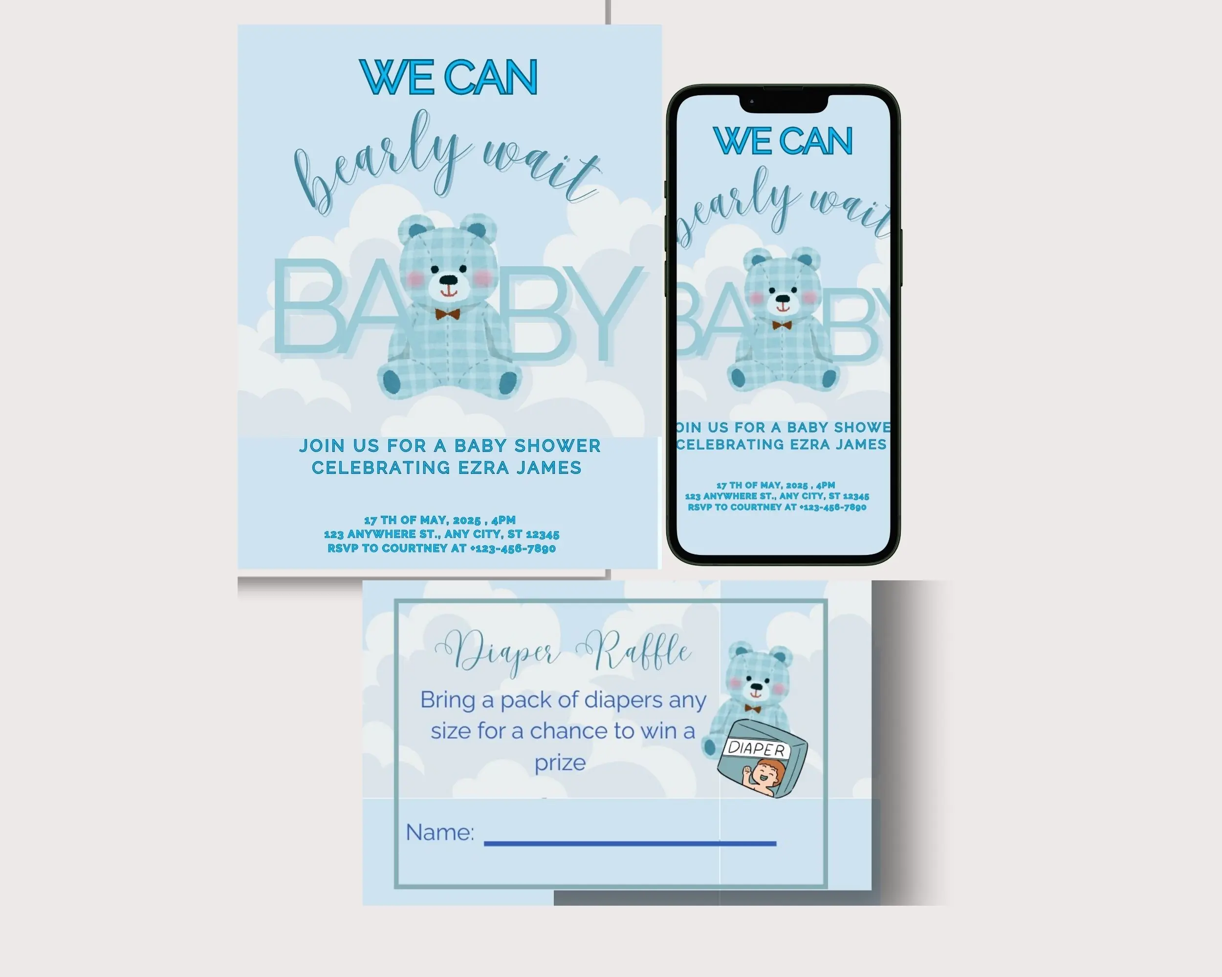 Editable baby shower invitations digital printable and diaper raffle cards plaid bea - Image 5