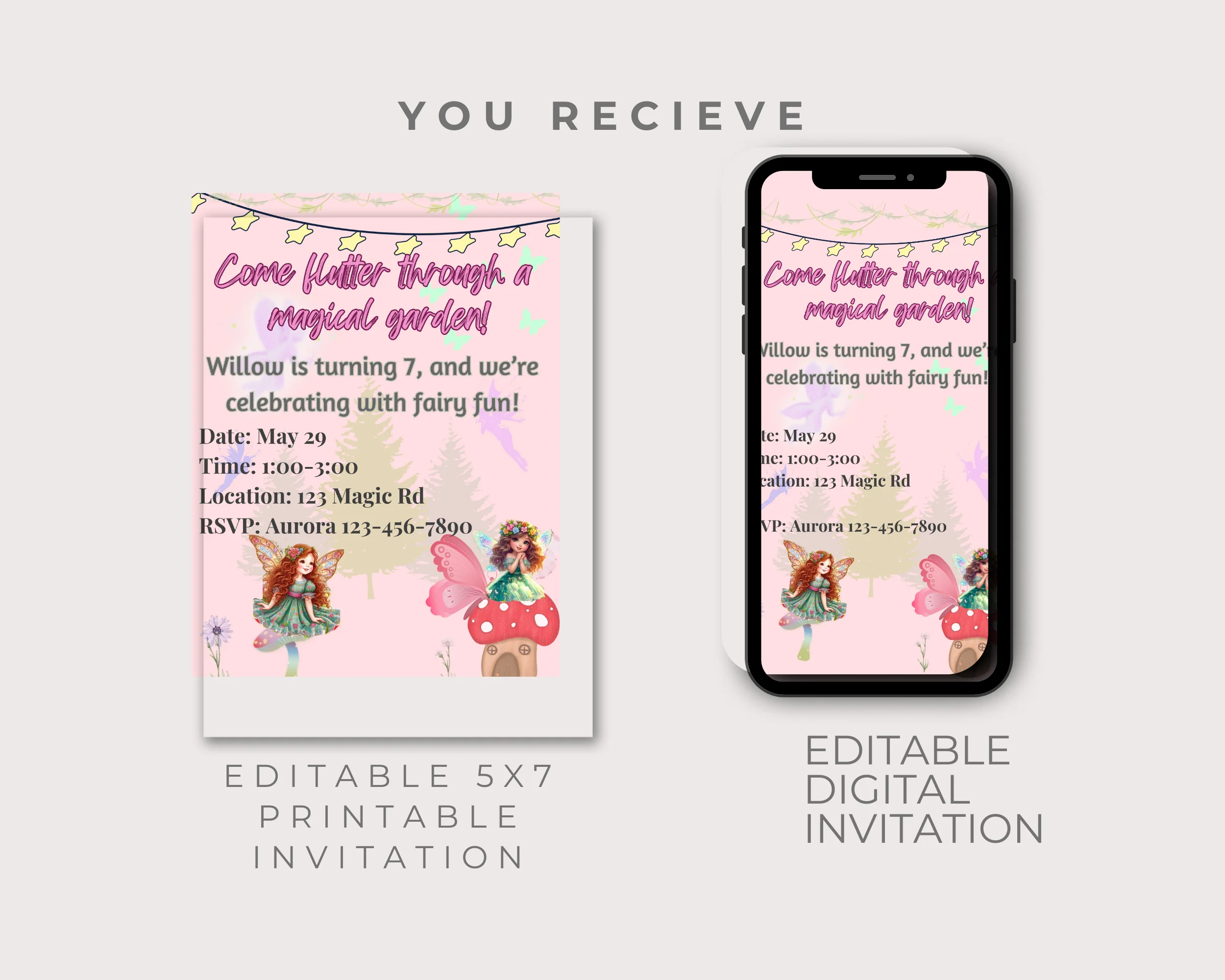 Fairy editable birthday invitation kid birthday editable and Digital invitation