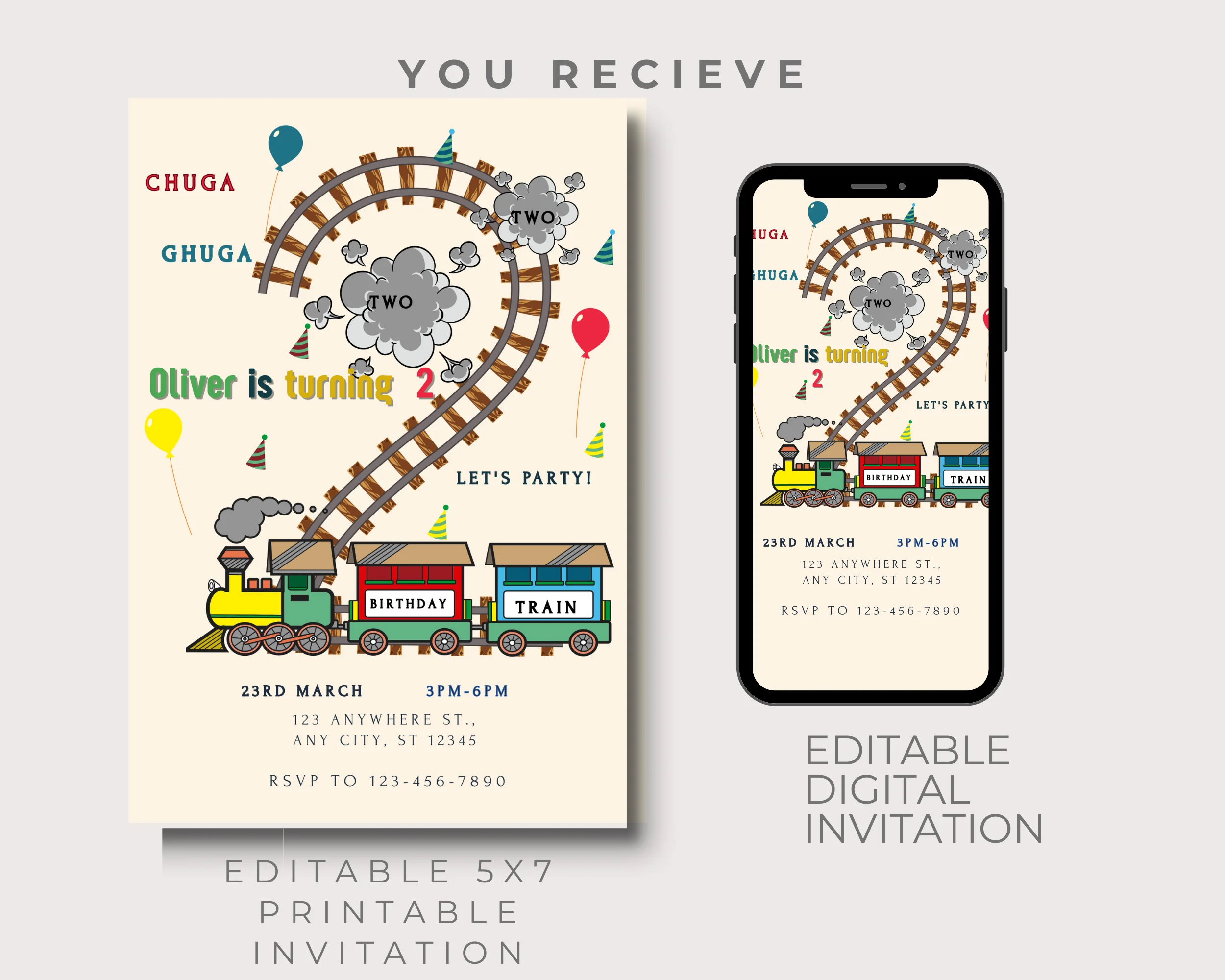 Train Birthday Party Invitation kid birthday editable and Digital invitation Chuga Chuga Two Two