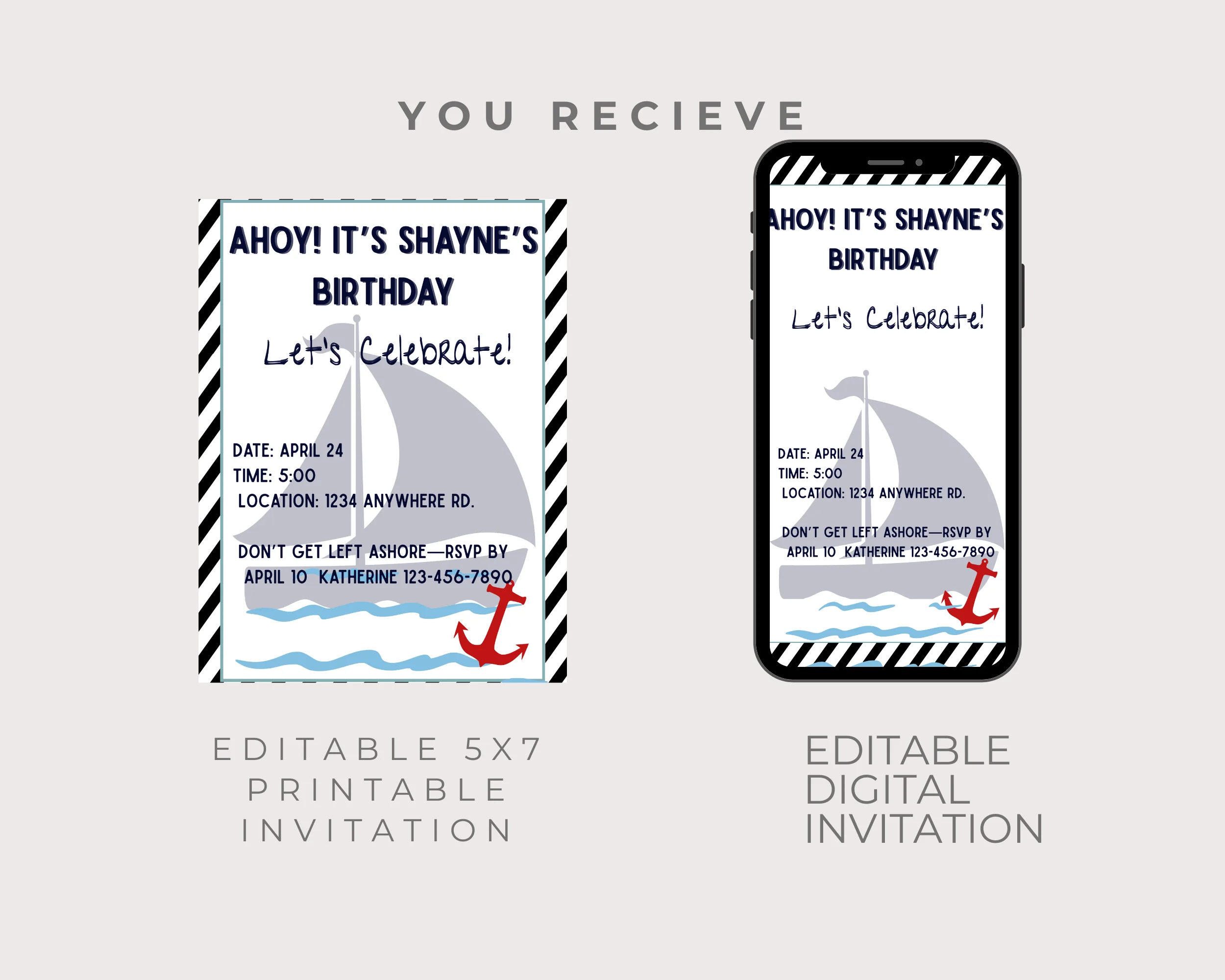 Nautical Birthday Invitation, Editable Digital Template for Adult Party, Instant Download, Ocean Theme Invite