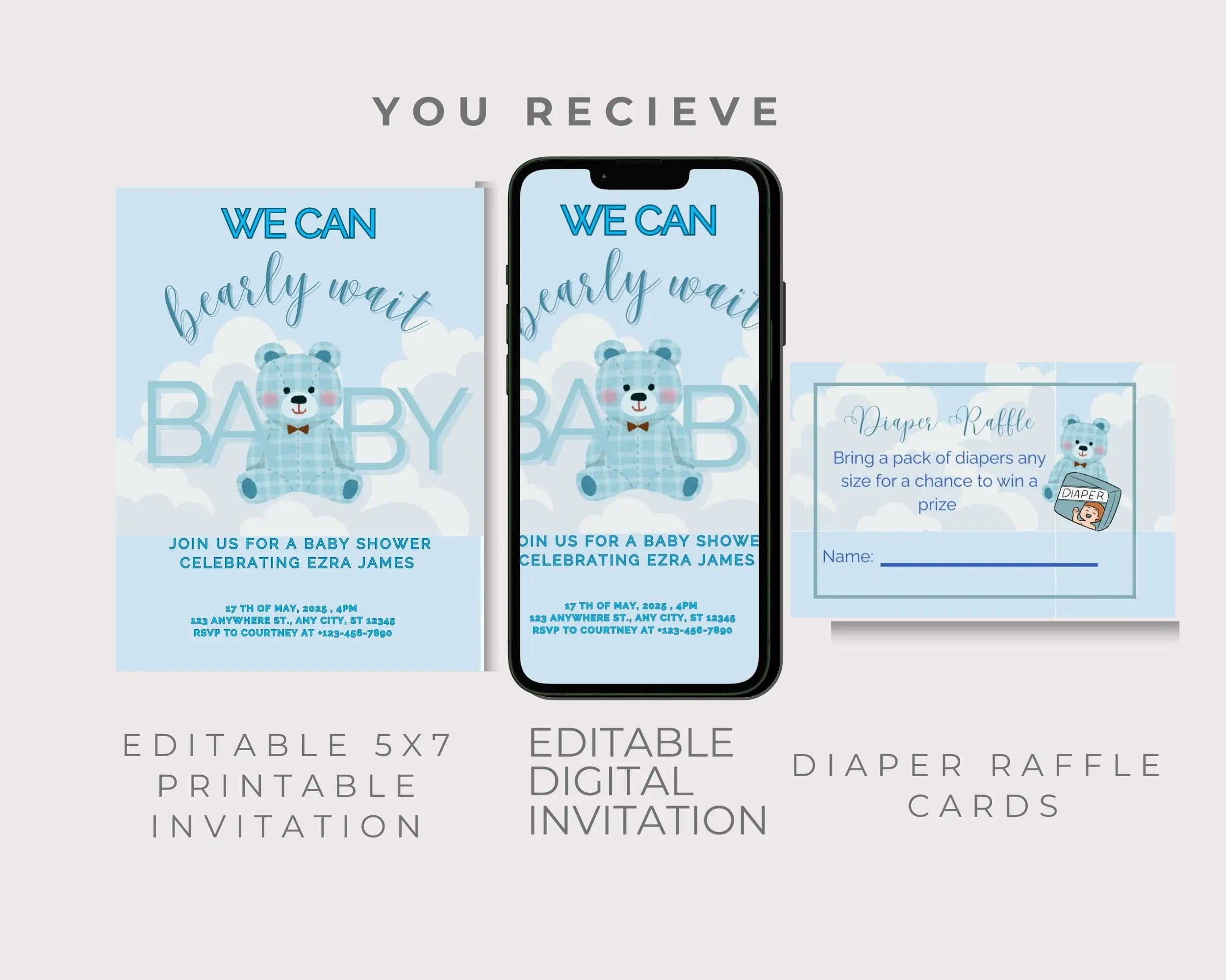 Editable baby shower invitations digital printable and diaper raffle cards plaid bea - Image 4
