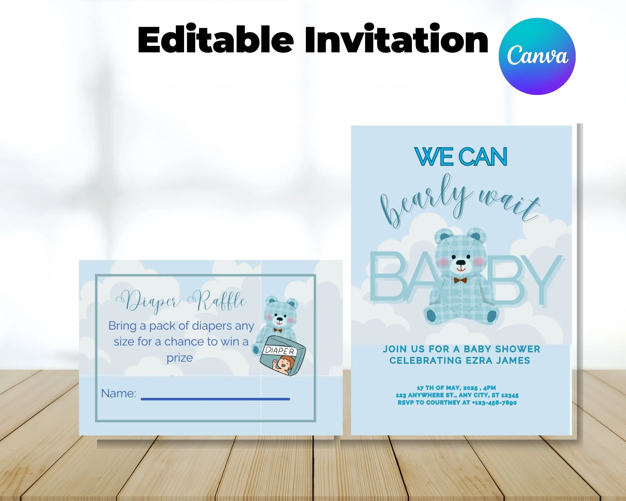 Editable baby shower invitations digital printable and diaper raffle cards plaid bea - Image 3