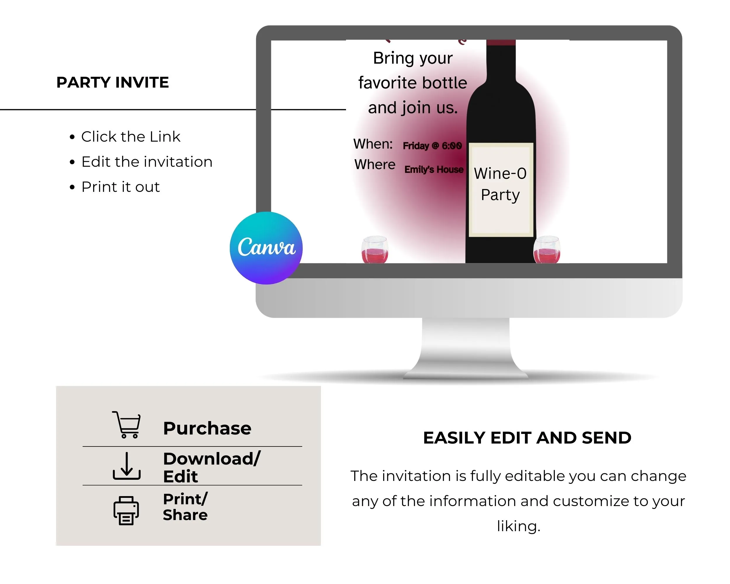 Time to Wine invitation, Wine drinking get together, Digital Editable and printable wine drinking invites - Image 4