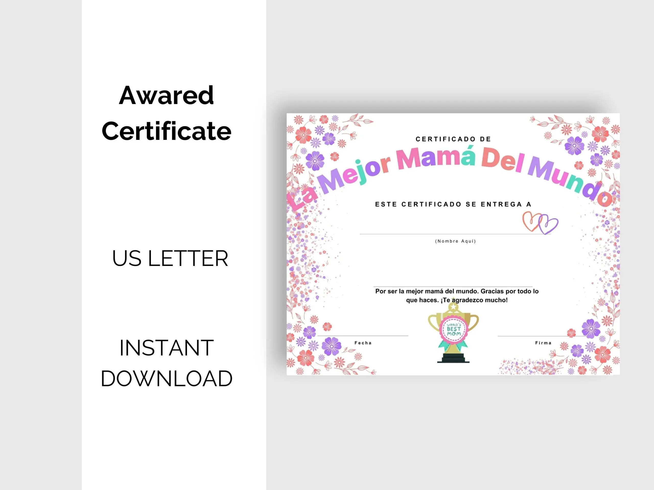 Certificado de Mejor Mamá La Mejor Mamá del Mundo, regalo del Día de la Madre