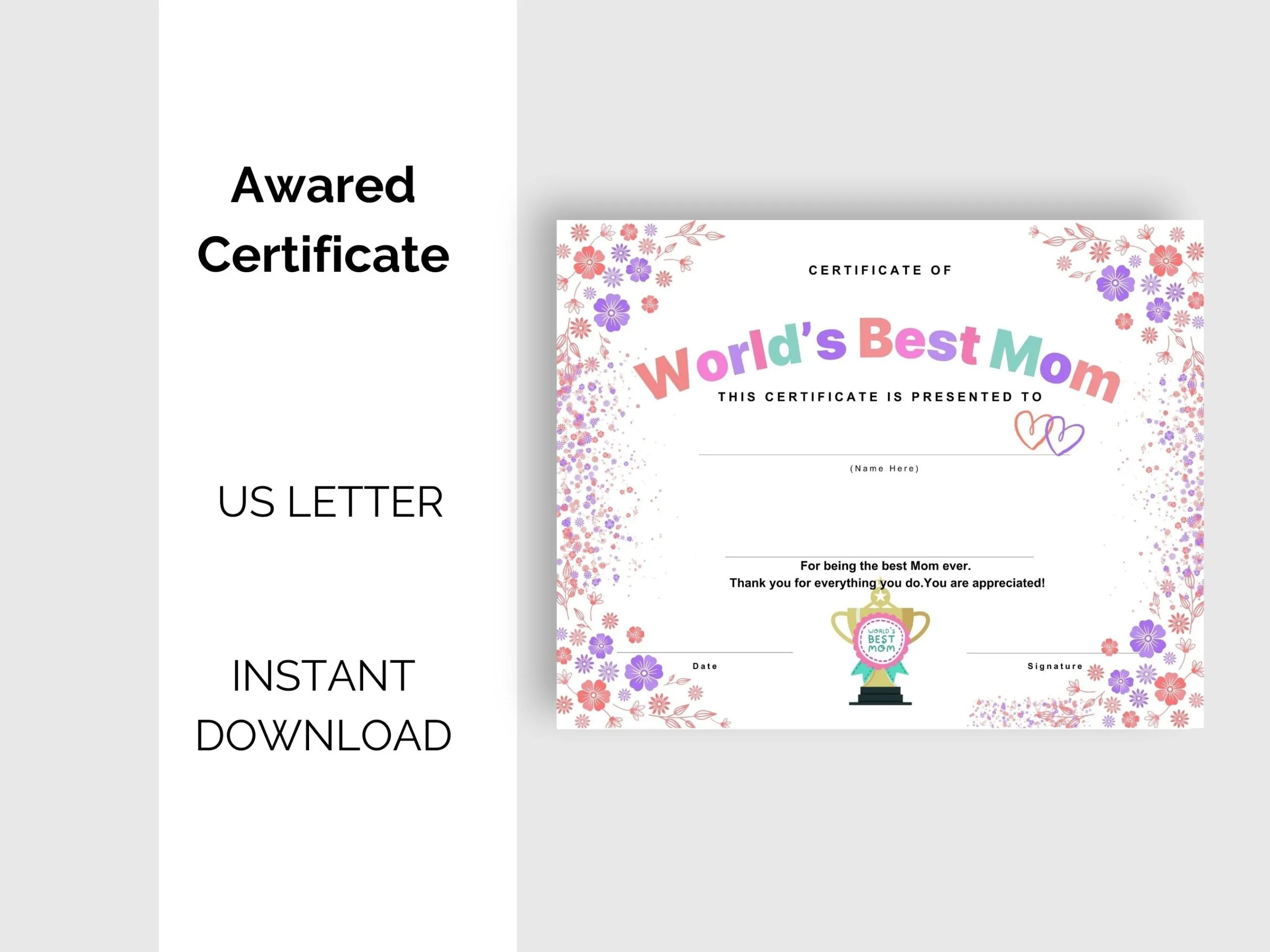 Best Mom Certificate World's Best Mom, Mother's Day